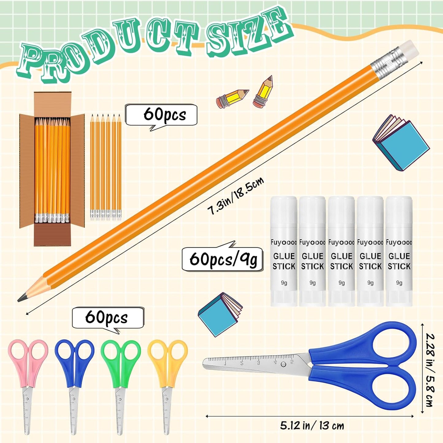 180 Pcs School Supplies Bulk 60 Safety Blunt Tip Scissors 60 White Glue Stick 60 Sharpened #2 HB Wood Pencils with Erasers Back to School Supplies for Party Favors Classroom