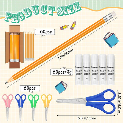 180 Pcs School Supplies Bulk 60 Safety Blunt Tip Scissors 60 White Glue Stick 60 Sharpened #2 HB Wood Pencils with Erasers Back to School Supplies for Party Favors Classroom