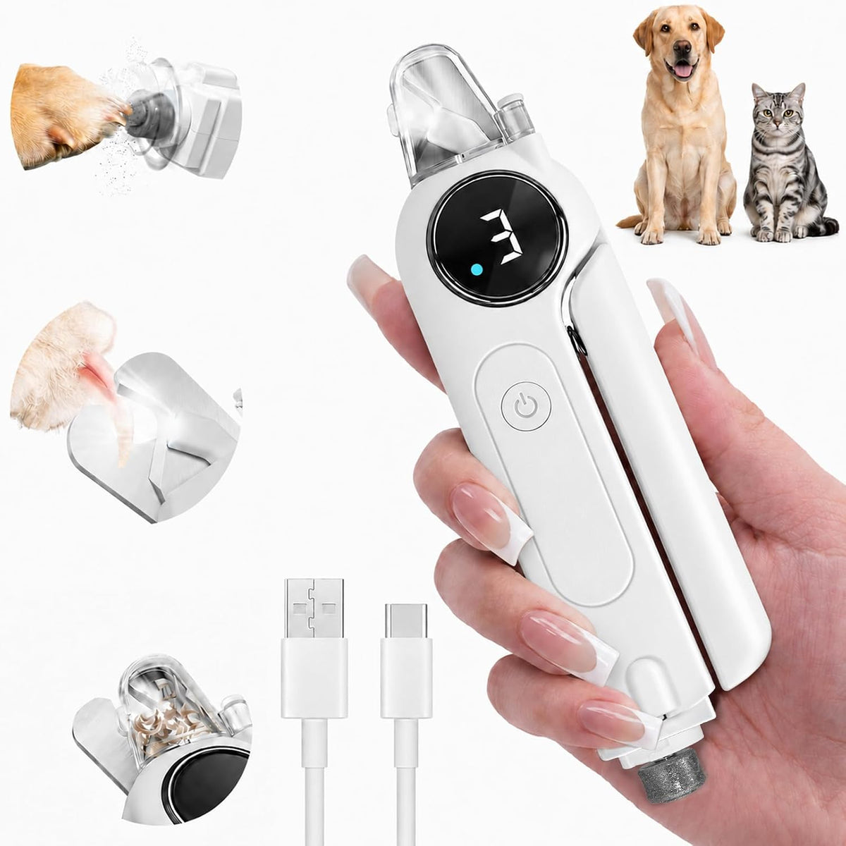 2-in-1 Quiet Electric Pet Nail Clipper Grinder w/ Light for Dogs Cats Dual LED Lights,3-Speed Grinder,Nail Clipping Splash Guard,Type-C Rechargeable - (White)