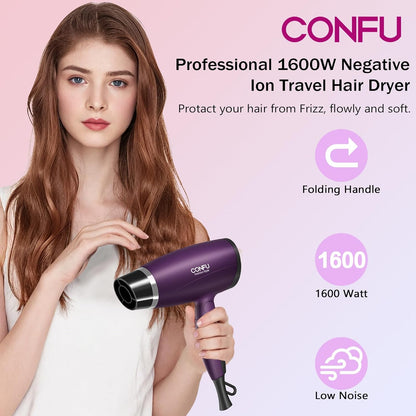CONFU 1600W Klein Draagbare Reis-Haardroër met Opvoubare Handvatsel, Liggewig Haardroërs vir Vroue, Keramiek-Toermalyn Ioniese Haardroërs met Spuitstuk, Mini Haardroër, Pers