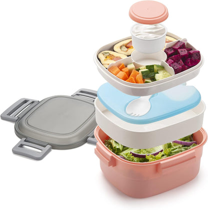Freshmage Slaaikoppieshouer vir Middagete met Yspak, Lekvrye BPA-vrye 1,5 L Middagetehouer met 4 Kompartemente, Slaai vir Mans, Vroue (Pienk+Yspak)