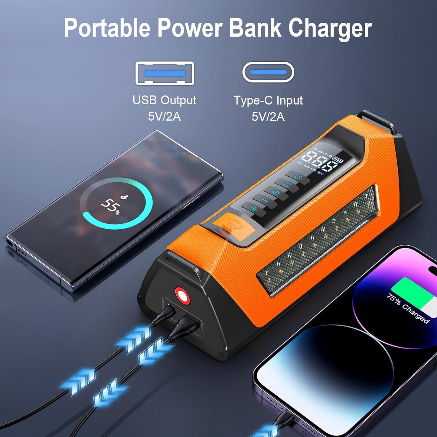 Car Jump Starter with Air Compressor 6000A, 800 Lumen LED Light and 180PSI Portable Battery Jump Box (9L Gas or 8L Diesel),12V Auto Tire Inflator Jumper Starter Combo with LCD Display (Orange)