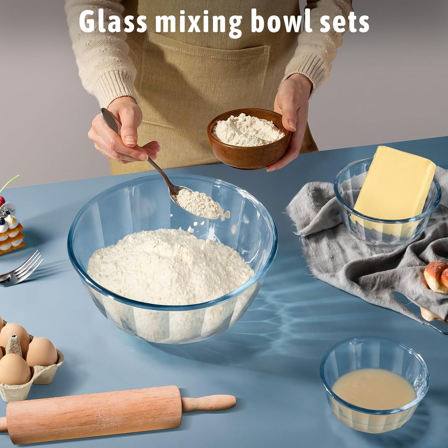 Glasmengbakke met Dekselstelle, 5-stukke Dik Glas-inmekaarpasbakke vir Kombuisbak, Maaltydvoorbereiding, BPA-vry, Skottelgoedwasser Veilig, 0.5/0.8/1.6/2.7/4.4 Qt