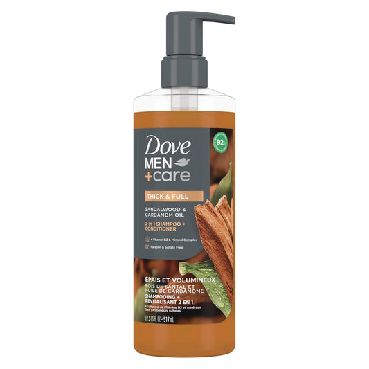 DOVE MEN CARE 2-in-1 Shampoo + Conditioner - Sandalwood & Cardamom Oil for Thick & Full Hair, + Vitamin B3 & Mineral Complex (2PK)