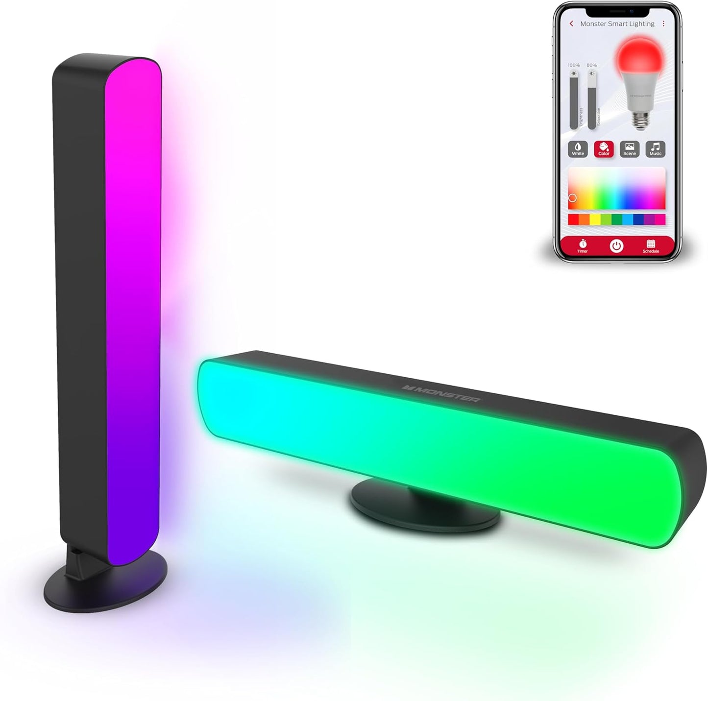 Monster Smart LED Light Bars 2 Pack, RGB+IC Multi-Color Razor Chroma TV & Gaming Wi-Fi Light Bars, Dimmable, Sound Reactive, Multi Position, App & Voice Control, Works with Alexa, Google Home, Siri