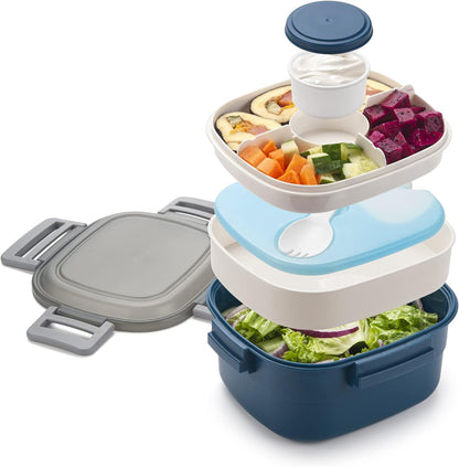 Freshmage Slaaikoppieshouer vir Middagete met Yspak, Lekvrye BPA-vry 52-oz met 4 Kompartemente, Slaai Middagetehouer vir Mans, Vroue (Blou+Yspak)
