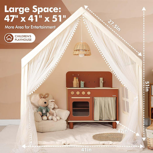 Monobeach Kindertent Beige Speeltent met Lang Netgordyn Groot Speelhuis vir Binne Buitenshuis Speel Kothuis Kasteel Speelding vir Meisies Seuns Huisgeskenk (Beige Kinderspeeltent)