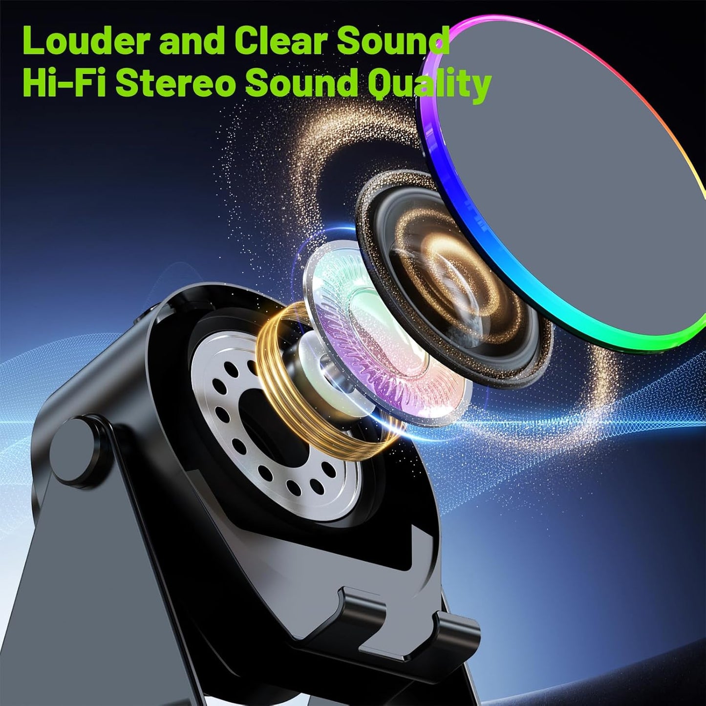 Wireless Induction Audio Bluetooth Speaker, 4 in 1 Phone Stand Speakers Amplifier with Colorful Ambient Light,360° Adjustable Holder - Black