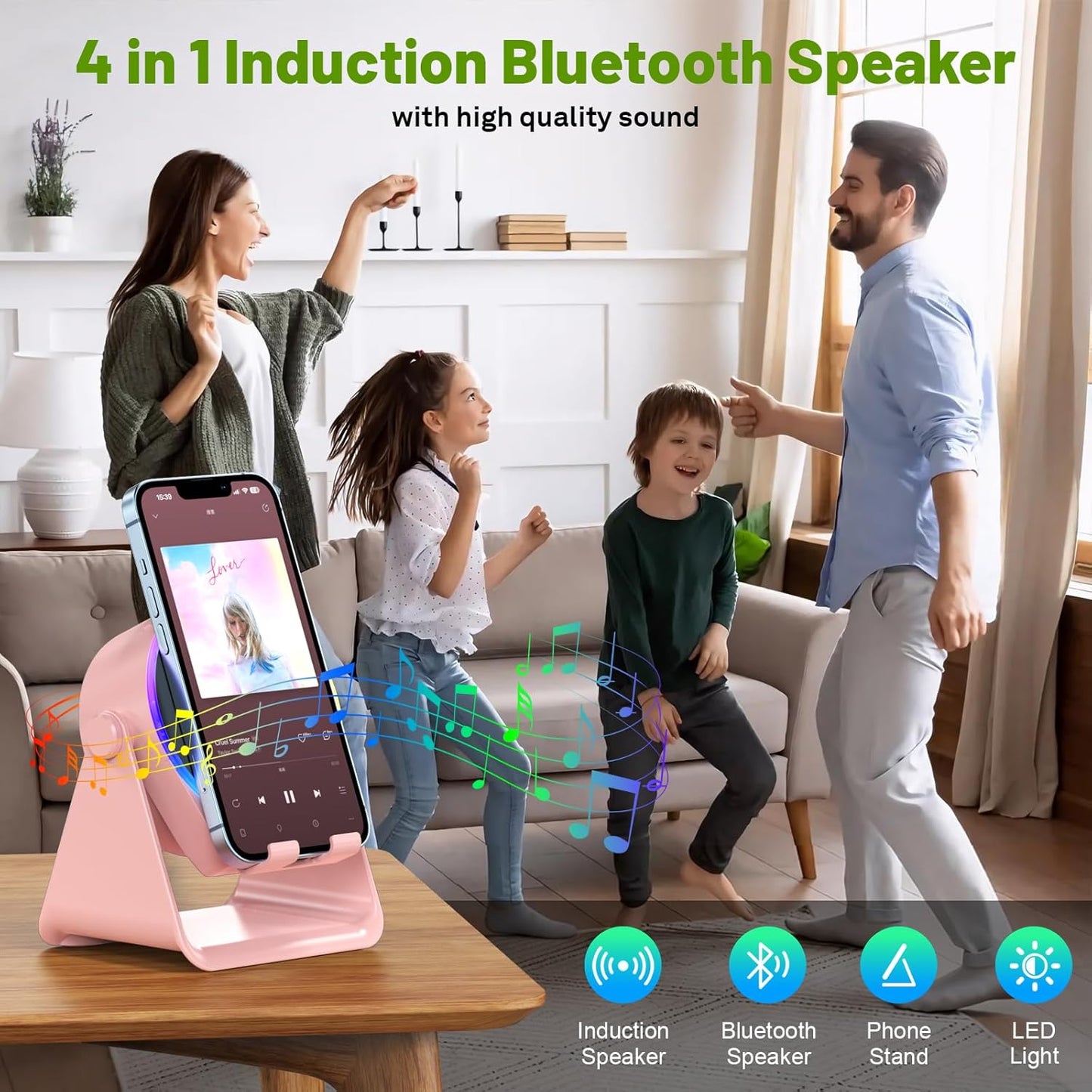 Wireless Induction Audio Bluetooth Speaker, 4 in 1 Phone Stand Speakers Amplifier with Colorful Ambient Light,360° Adjustable Holder - Pink