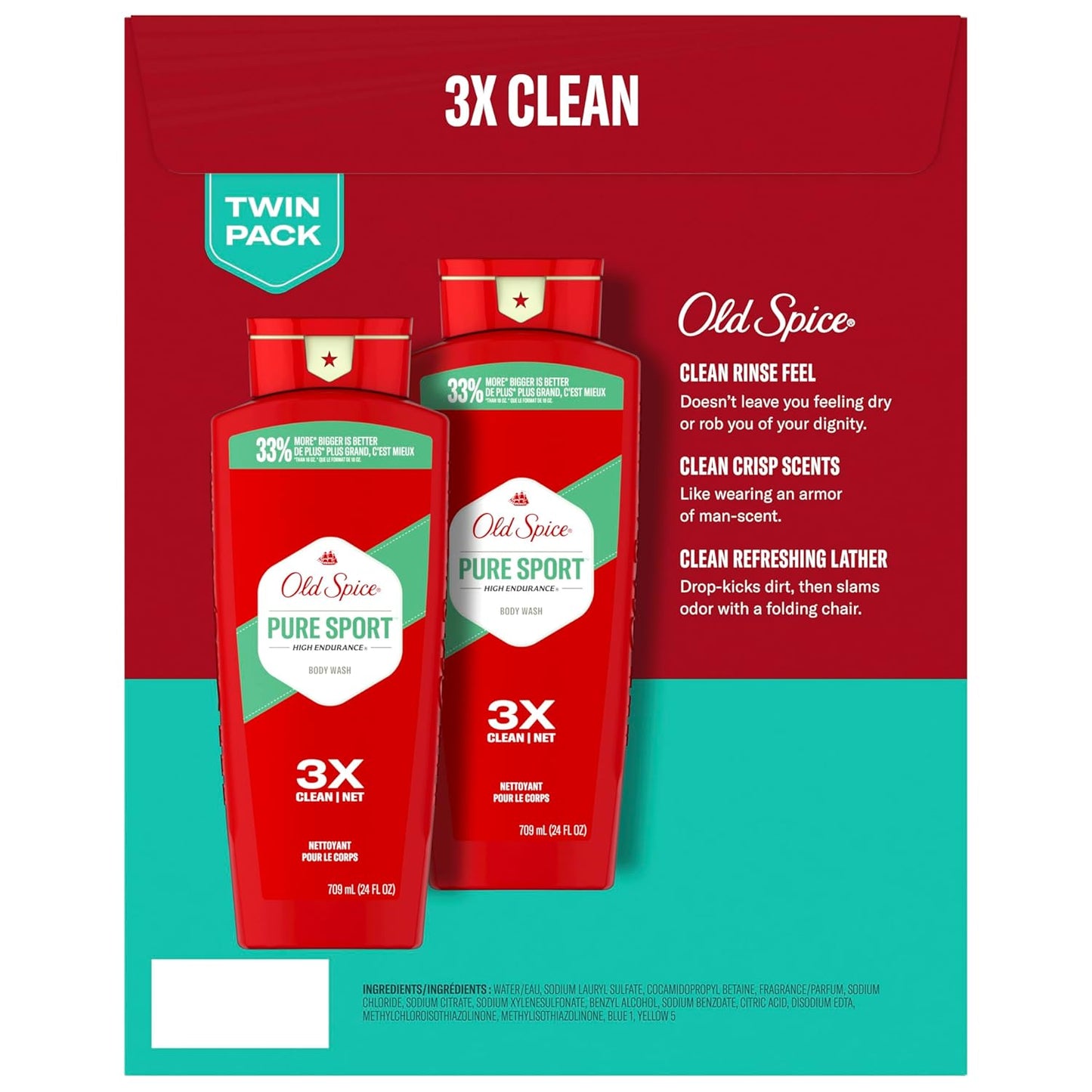 Old Spice Refreshing Body Wash for Men, High Endurance, 3X Defense, 24/7 Shower Fresh - Pure Sport Scent  (Pack of 2)