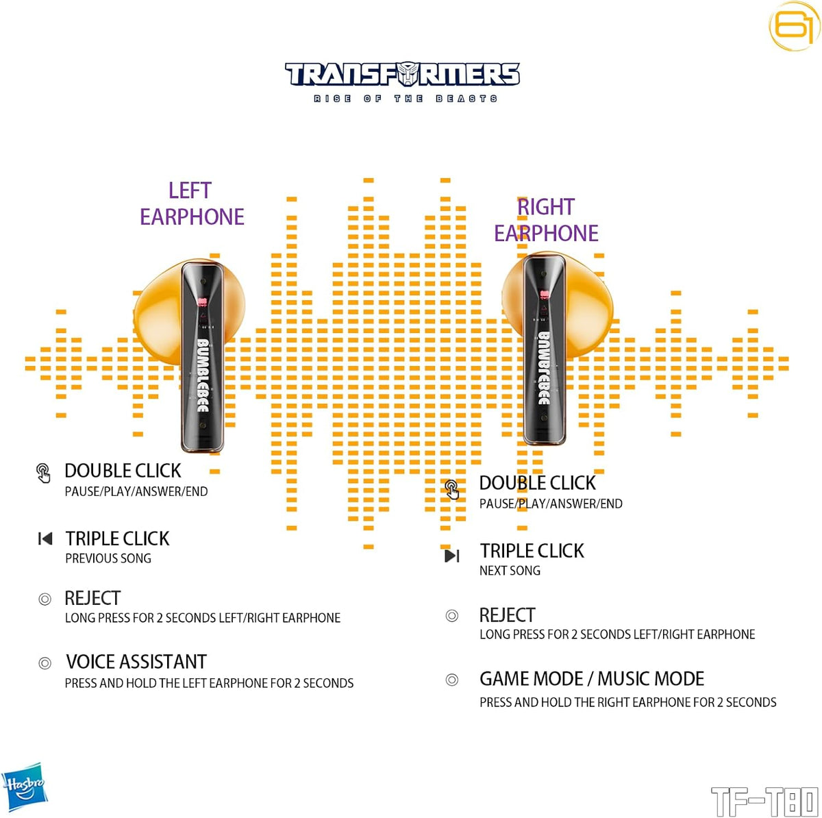 Transformers TF-T80 Bluetooth True Wireless Earbuds with Noise Cancelling in-Ear Cool HiFi HD Calling Dual Modes Sports Music Game Long Endurance Earphones - Yellow Bumblebee