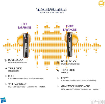 Transformers TF-T80 Bluetooth True Wireless Earbuds with Noise Cancelling in-Ear Cool HiFi HD Calling Dual Modes Sports Music Game Long Endurance Earphones - Yellow Bumblebee