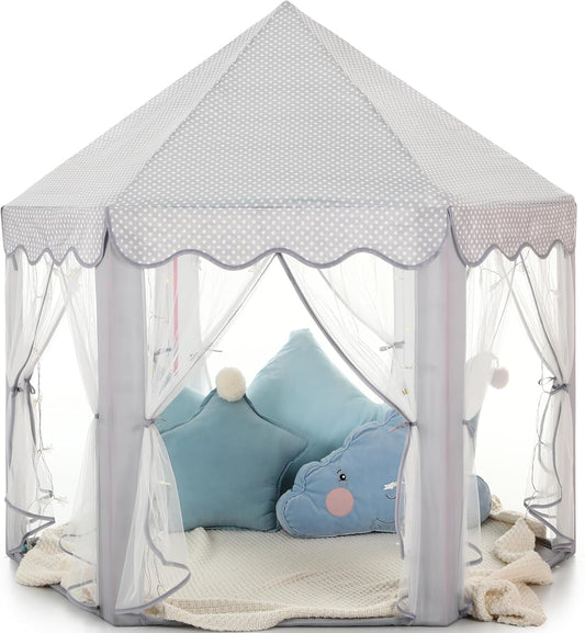Monobeach Prinses Speelhuisie Tente Meisies Groot Speelhuisie Kinders Kasteel Speelhuisie met Sterliggies Geskenkspeelding vir Kinders Binne en Buite Speletjies, 55'' x 53'' (DxH) (Grys)