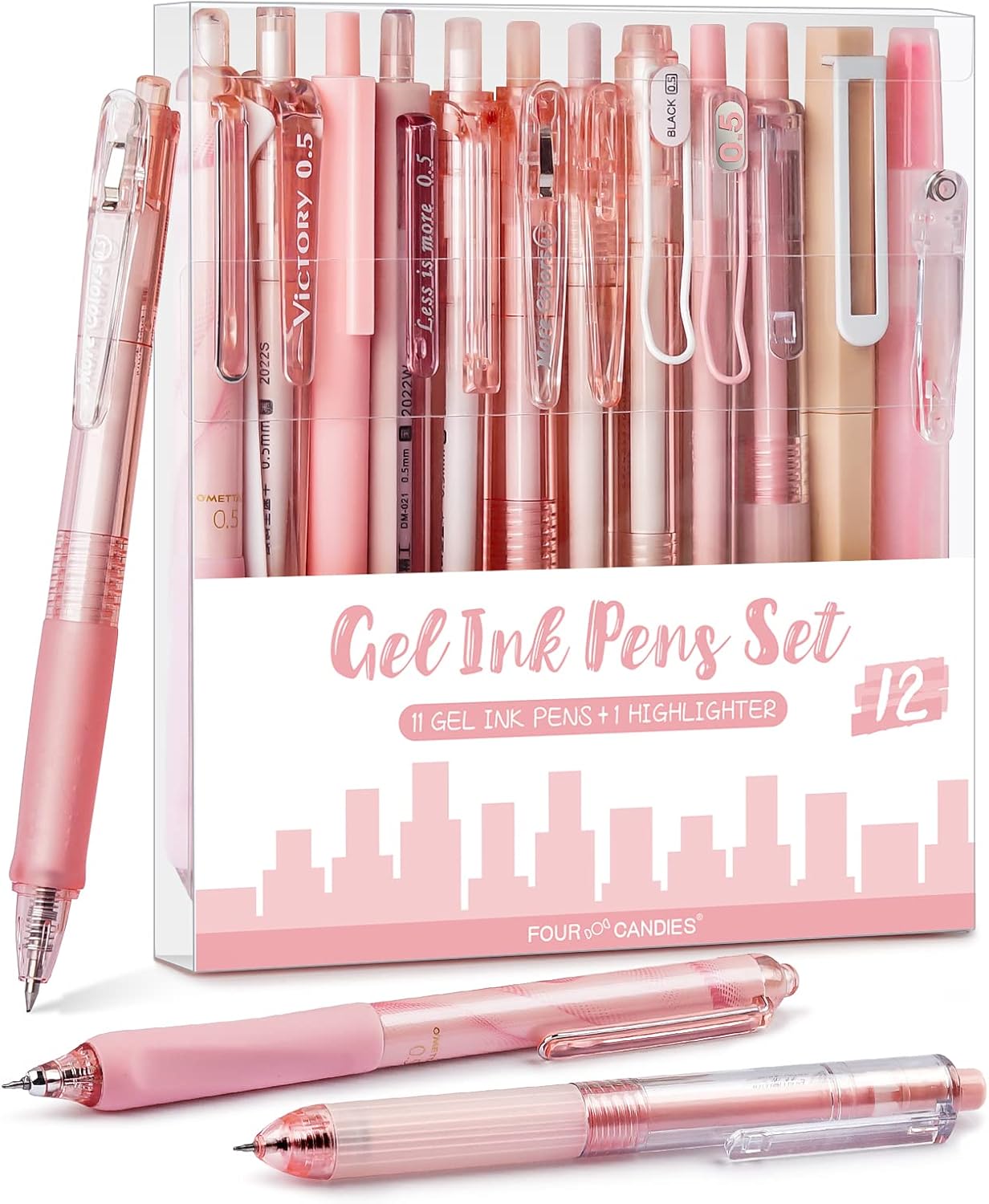 Rose Series Gel Pens, Cute Writing Pens w/ Black & Pink Ink, 0.5 mm Smooth Fine Point School Office Supplies Aesthetic Desk Accessories for Women - Set of 12