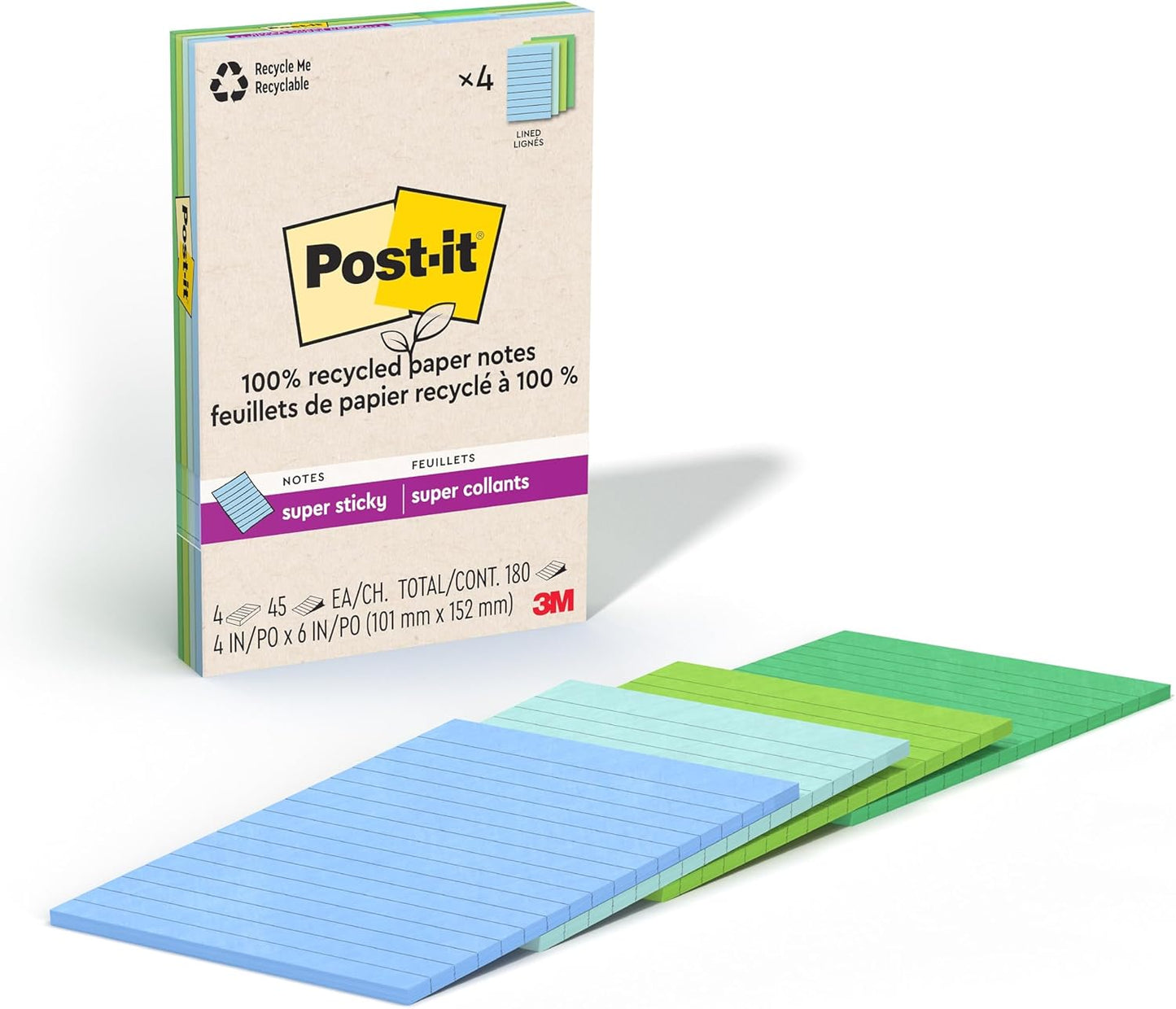 Post-it Sticky Notes, 2X The Sticking Power, 4x6 Inches - 4 Pads, 45 Sheets/Pad, Oasis Collection - (Pack of 2)