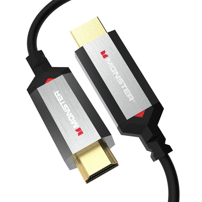 Monster Essentials Rigtings-veseloptiese HDMI 2.1-48 Gbps Aktiewe Optiese Kabel met Aluminiumekstrusiekonnektor – Ondersteun 8K @ 60HZ, 4K @ 120HZ, Premium Gesertifiseer, V-Grip, 100ft