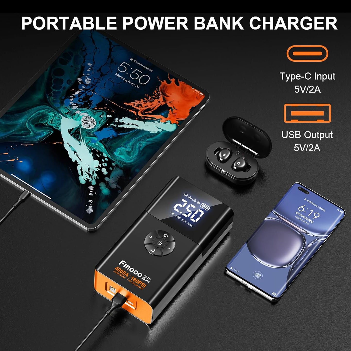 Portable Car Jump Starter with Air Compressor, 4000A 180PSI Car Battery Jump Starter Battery Pack (10L Gas/8L Diesel), 12V Car Jump Box Car Battery Jumper Starter, Large LCD Display,2 Lights (Orange)