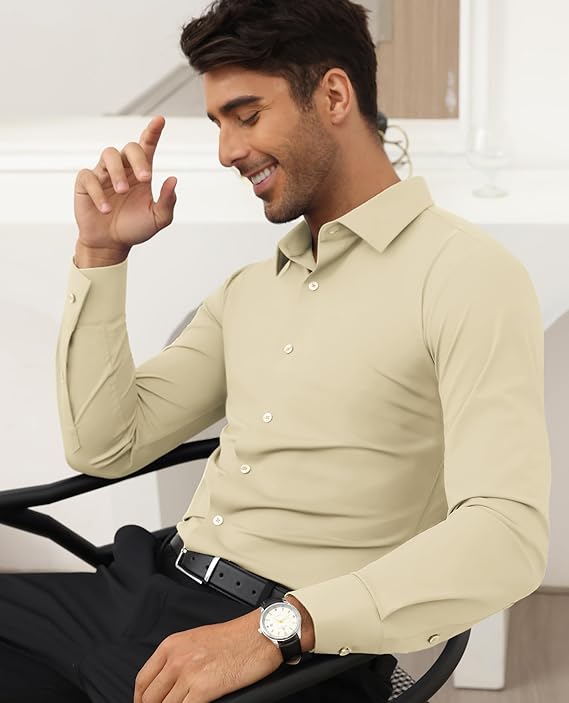 Mans Langmou Slim Fit, Spiervas, Kreukelvry, Knoop-af Rekbaar