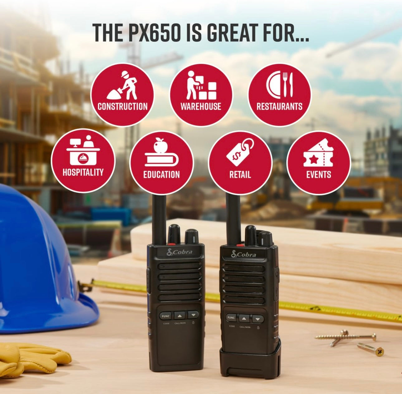 Cobra PX650 – Professionele/Besigheids-portaatradio’s – Herlaaibaar, 27 870 m²/25 Vloere Bereik, Stofbeskerm en Spatbestand (IP54-gradering), Tweerigtingradio-stel (2-pak)