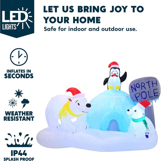 (6FT) Long Christmas Inflatable North Pole w/ Build-in LEDs, Blow Up Polar Bears & Penguin Holiday Season Decorations