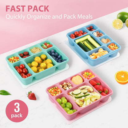 Freshmage Bento Box Middageteboks 3 Pak, 7-Vak Maaltydvoorbereidinghouers met Deksel, Herbruikbare Stapelbare Happiehouers vir Volwassenes, BPA-vry, Mikrogolf- en Skottelgoedwasser-veilig (3 Kleure)