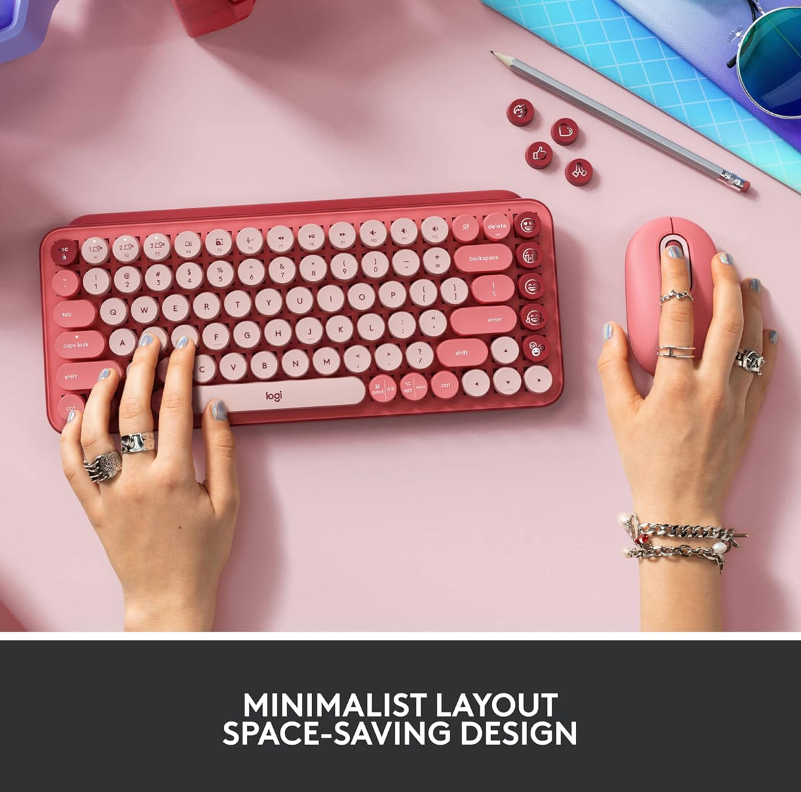 Logitech POP Meganiese Draadlose Sleutelbord met Aanpasbare Emoji-sleutels, Duursame Kompakte Ontwerp, Bluetooth- of USB-verbinding, Multi-toestel, OS-versoenbaar - Heartbreaker Rose