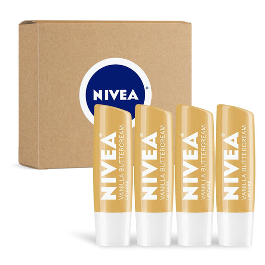 NIVEA Vanilla Buttercream Lip Care, Bevogtigende Lipbalsem met Kariteebotter, Voedende Olies en Vitamien C & E, 3-in-1 Vog, Herstel en Voed, 0.17 Oz Stokkie, Pak van 4