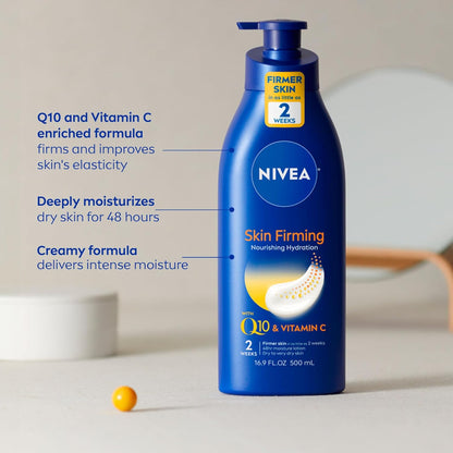 NIVEA Nourishing Hydration Skin Firming Body Lotion (16.9 Fl Oz) + Skin Firming & Toning Body Gel Cream with Hyaluronic Acid (6.7 Oz), Enriched with Q10 and Vitamin C