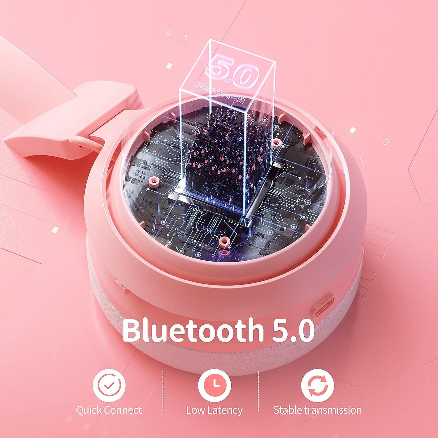 Wireless Cat Ear Headphones Gaming Headset Bluetooth 5.0 for Smartphone Retractable Mic 50mm Drivers RGB Lighting Headset with Mic (USB Dongle Not Included) - (PINK)