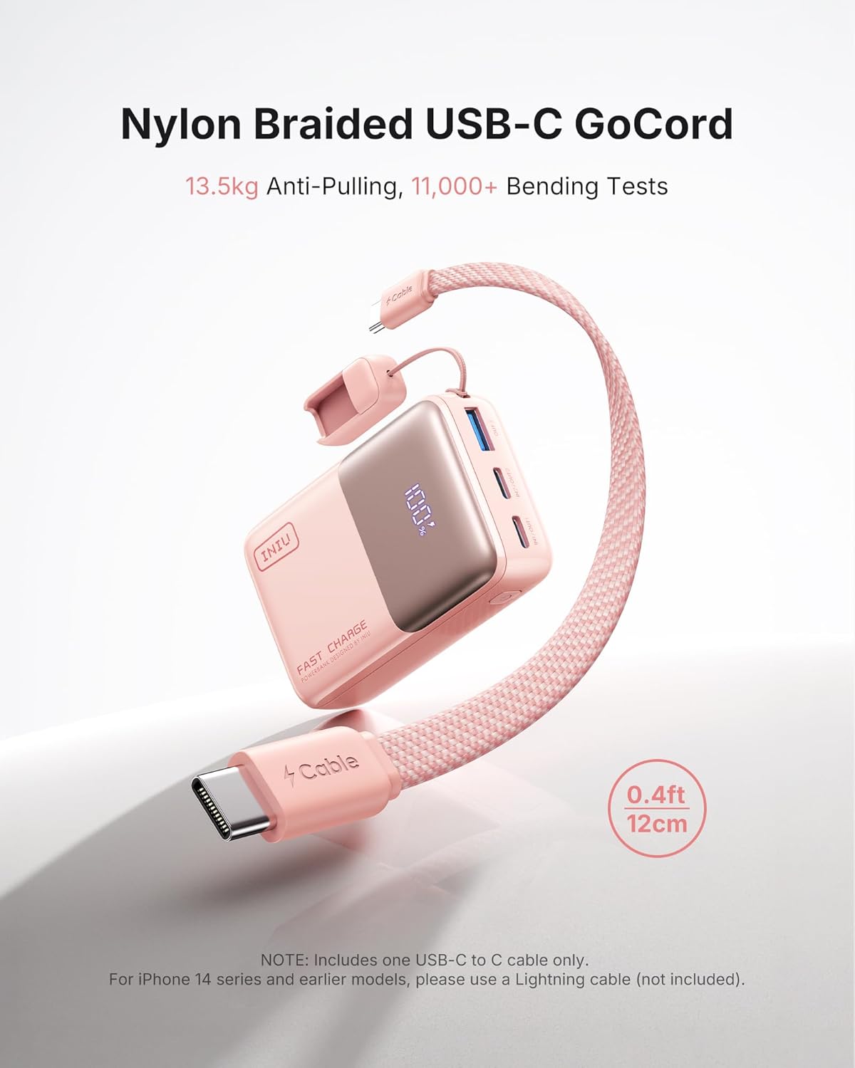 Mini Portable Charger Power Bank USB C Battery Pack with Cable 10000mAh 45W Ultra  - (L Pink))