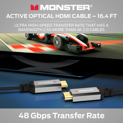 Monster Essentials Rigtinggewende Veseloptiese HDMI 2.1-48 Gbps Aktiewe Optiese Kabel Met Aluminiumekstrusie-koppelaar – Ondersteun 8K @ 60HZ, 4K @ 120HZ, Premium Gesertifiseer, V-Grip, 20 voet
