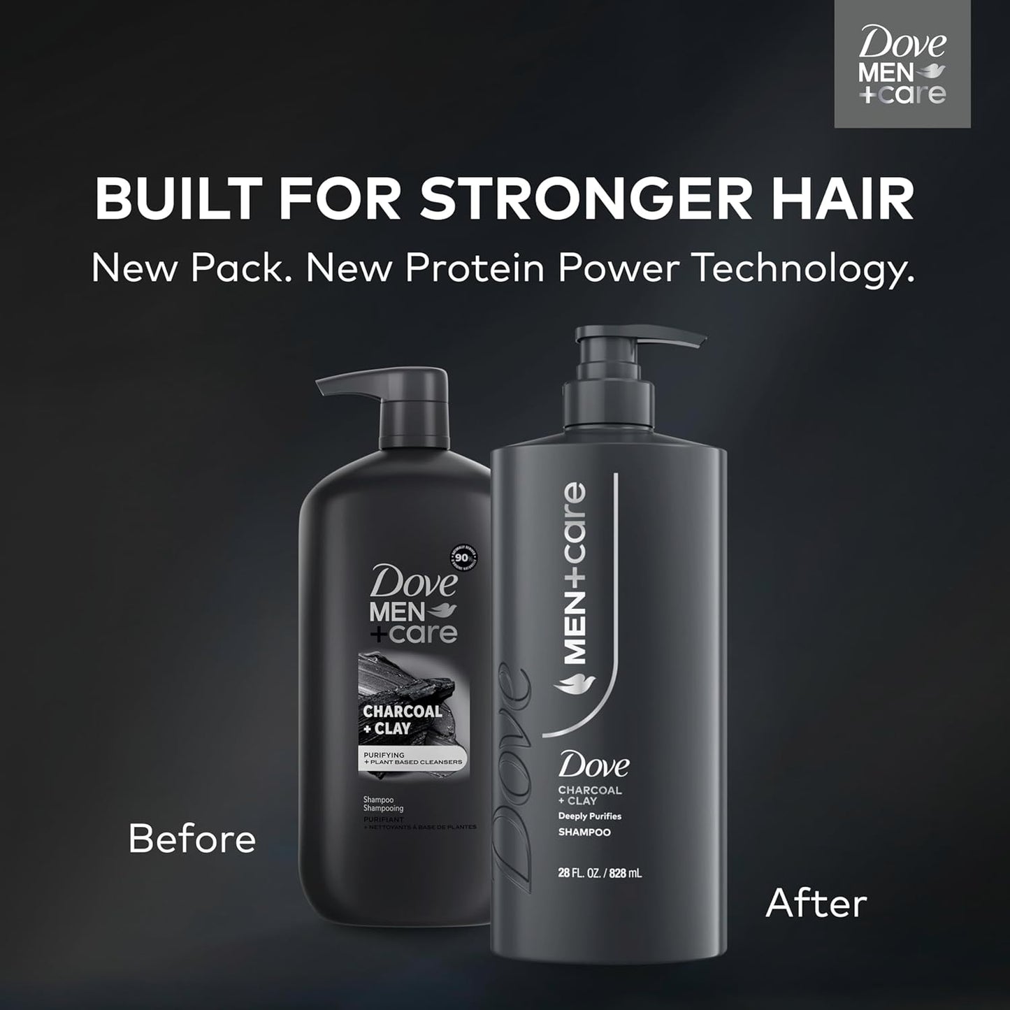 DOVE MEN + CARE Shampoo Charcoal + Clay for Real Hair that Powers Up Hair Strength, w/ Deep Purifying Benefits, 28 Fl oz. (2 CT)
