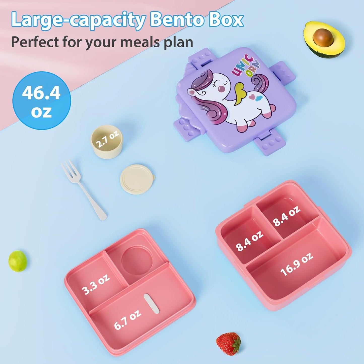 Freshmage Bento-houer, Dubbellaagse Middagetevakkie met 3 Kompartemente, Groot Kapasiteit, Lekvry en BPA-vrye Bento-middageteboks, Duursaam, Valbestand, Skottelgoedwasser- en Mikrogolf-veilig, Pienk