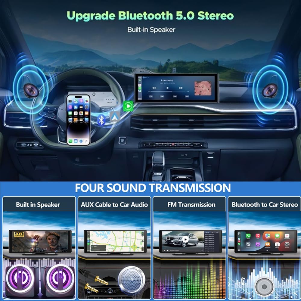Wireless Carplay 4k Ultra HD Screen 10.26 Inches 360 Rotation Dash Cam Carplay & Android 1080p GPS Navigation/Mirror Link/Voice Control/Siri/FM Satellite Radio Receiver