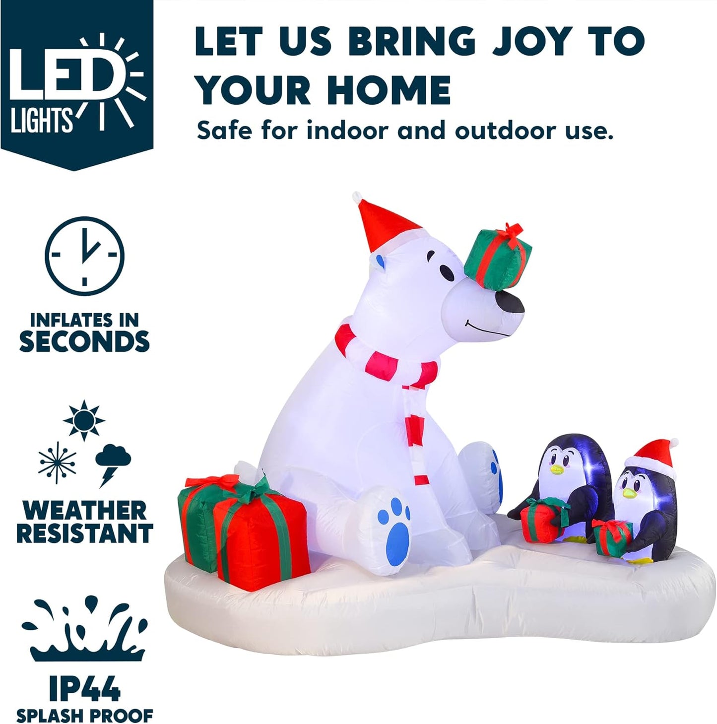 (6 FT) Long Christmas Inflatable Decoration Polar Bear & Penguins w/ Build-in LEDs, Blow Up Inflatable Holiday Season Decoration