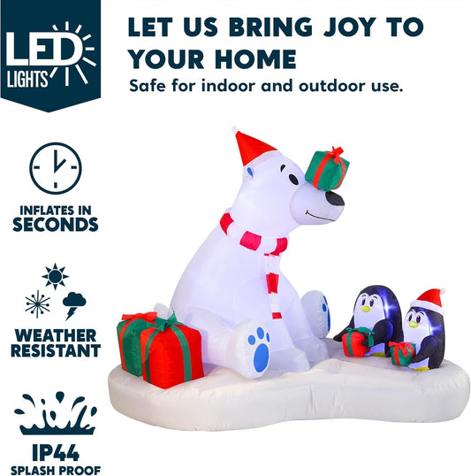 (6 FT) Long Christmas Inflatable Decoration Polar Bear & Penguins w/ Build-in LEDs, Blow Up Inflatable Holiday Season Decoration