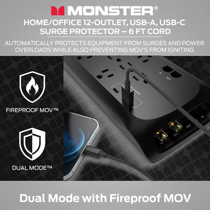 Monster Black Heavy Duty Surge Protector Power Strip 6 ft Cord with 12 120V-Outlet Extension, 2 Ethernet Switch Ports, 4050J Rating, 1 USB-A, and 1 USB-C Charging Ports – Ideal for Computers & Offices