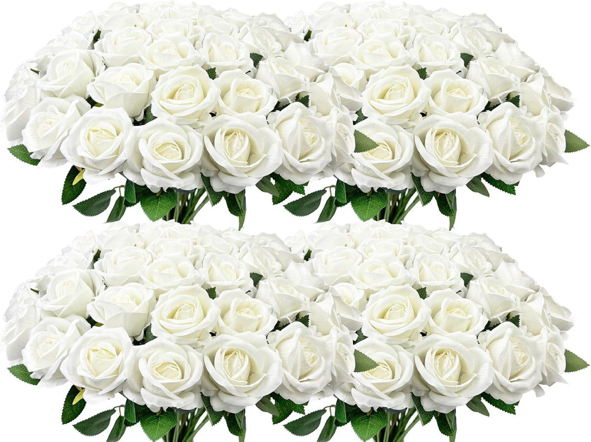 100 PCS Bulk Artificial Flowers,Fake Velvet Silk White Roses W/ Long Stems