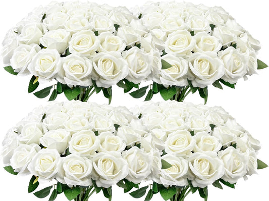 (100 PCS) Bulk Artificial Flowers,Fake Velvet Silk White Roses W/ Long Stems