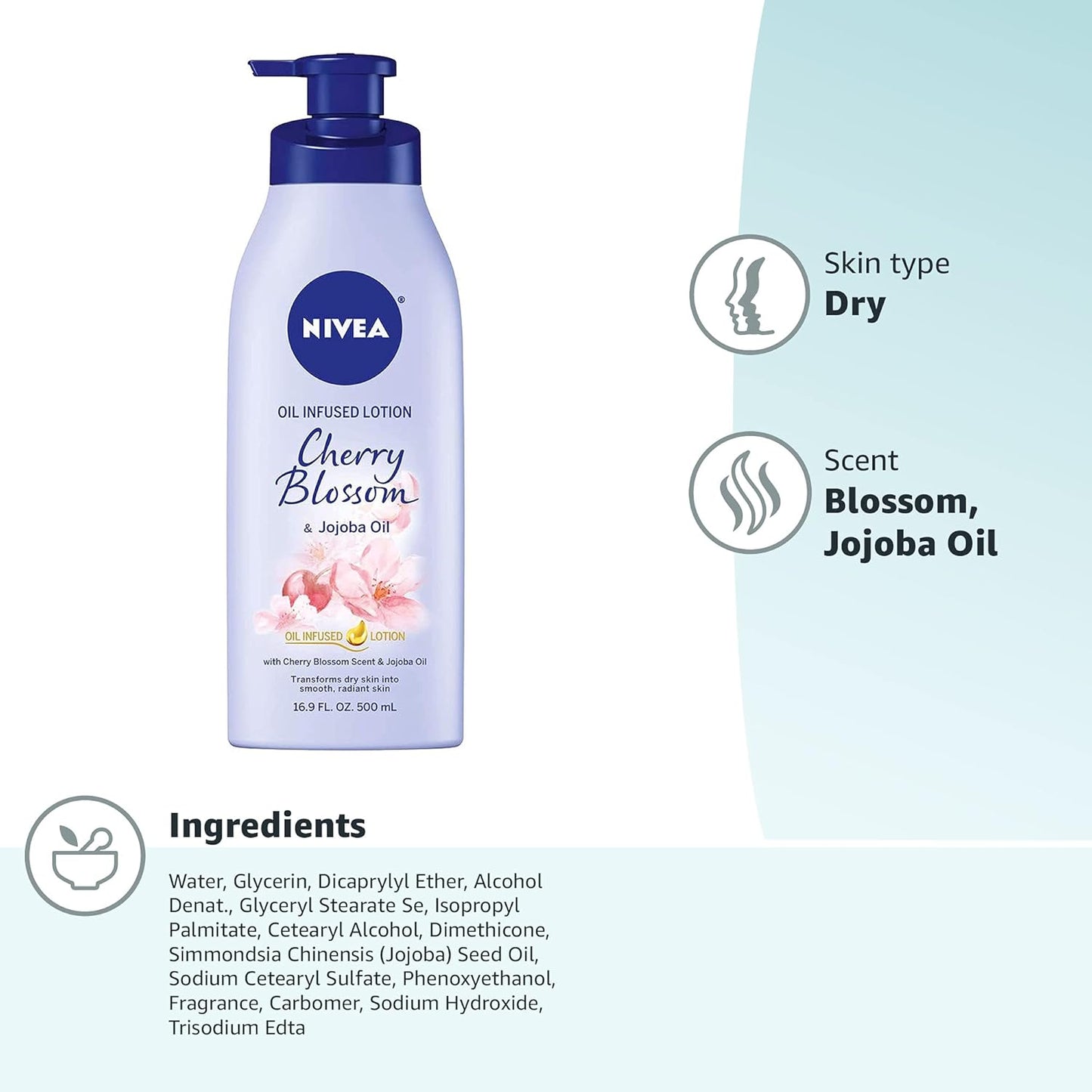 NIVEA Oil Infused Cherry Blossom and Jojoba Oil Body Lotion for Women, Fast-Absorbing and Non-Greasy Cherry Blossom Scented Lotion Moisturizes for 48 Hours, 16.9 Fl Oz Pump Bottle - (2PK)