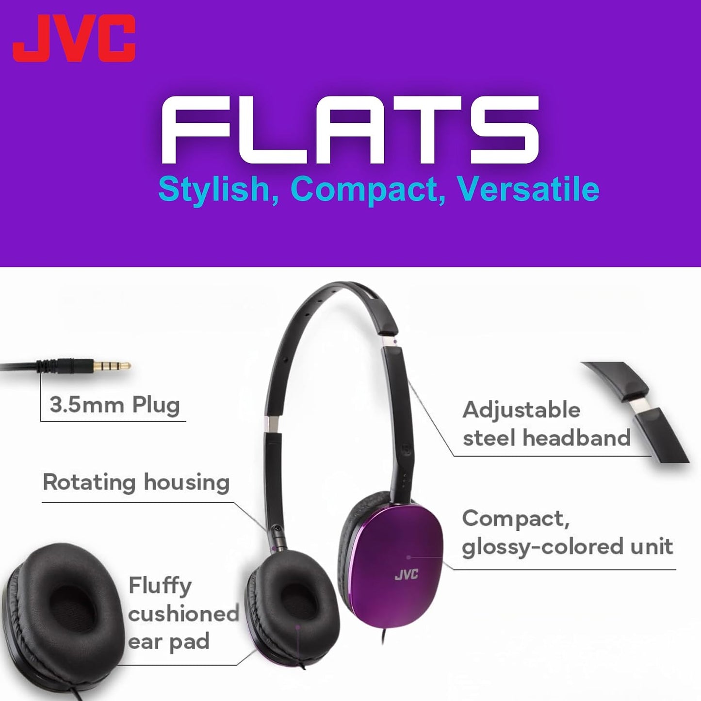 JVC Flats On-Ear Wired Headphones - Flat Foldable Design - 30mm - Violet