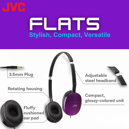 JVC Flats On-Ear Wired Headphones - Flat Foldable Design - 30mm - Violet