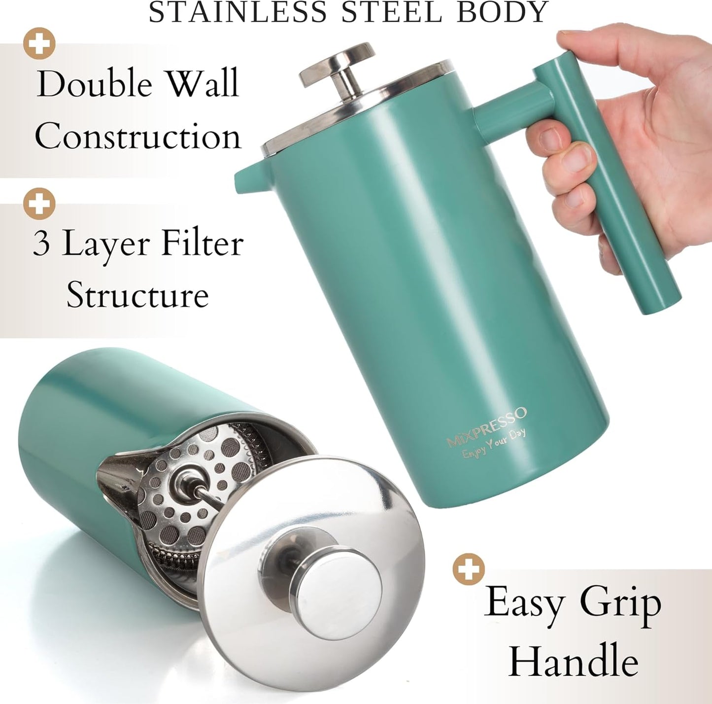 Mixpresso Groen Vlekvrye Staal Franse Pers Koffiemaker 770 ml, Dubbelwand Geïsoleerde Franse Pers Vlekvrye Staal, Maklik Skoon Teebrouer, Maklike Druk Duursame Metaal Koffiepers