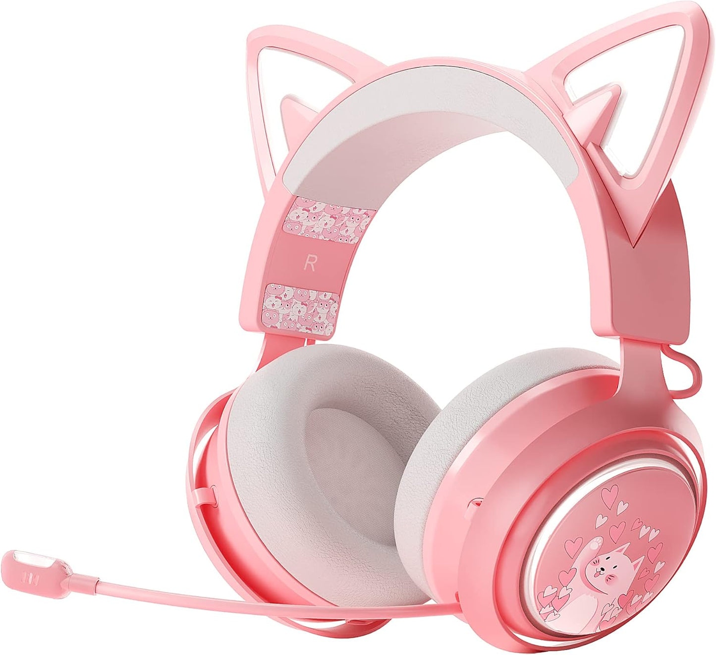 Wireless Cat Ear Headphones Gaming Headset Bluetooth 5.0 for Smartphone Retractable Mic 50mm Drivers RGB Lighting Headset with Mic (USB Dongle Not Included) - (PINK)