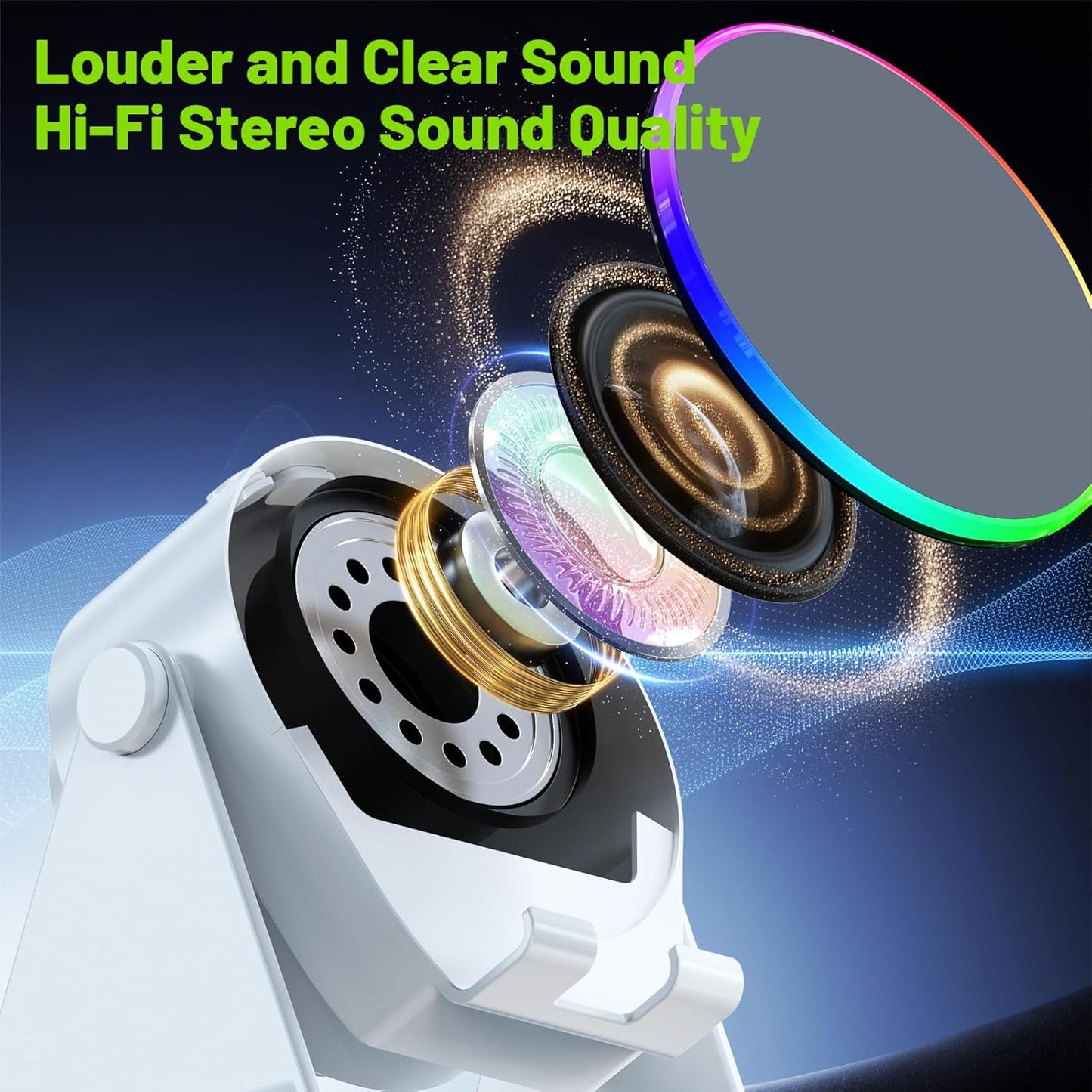 Wireless Induction Audio Bluetooth Speaker, 4 in 1 Phone Stand Speakers Amplifier with Colorful Ambient Light,360° Adjustable Holder- White