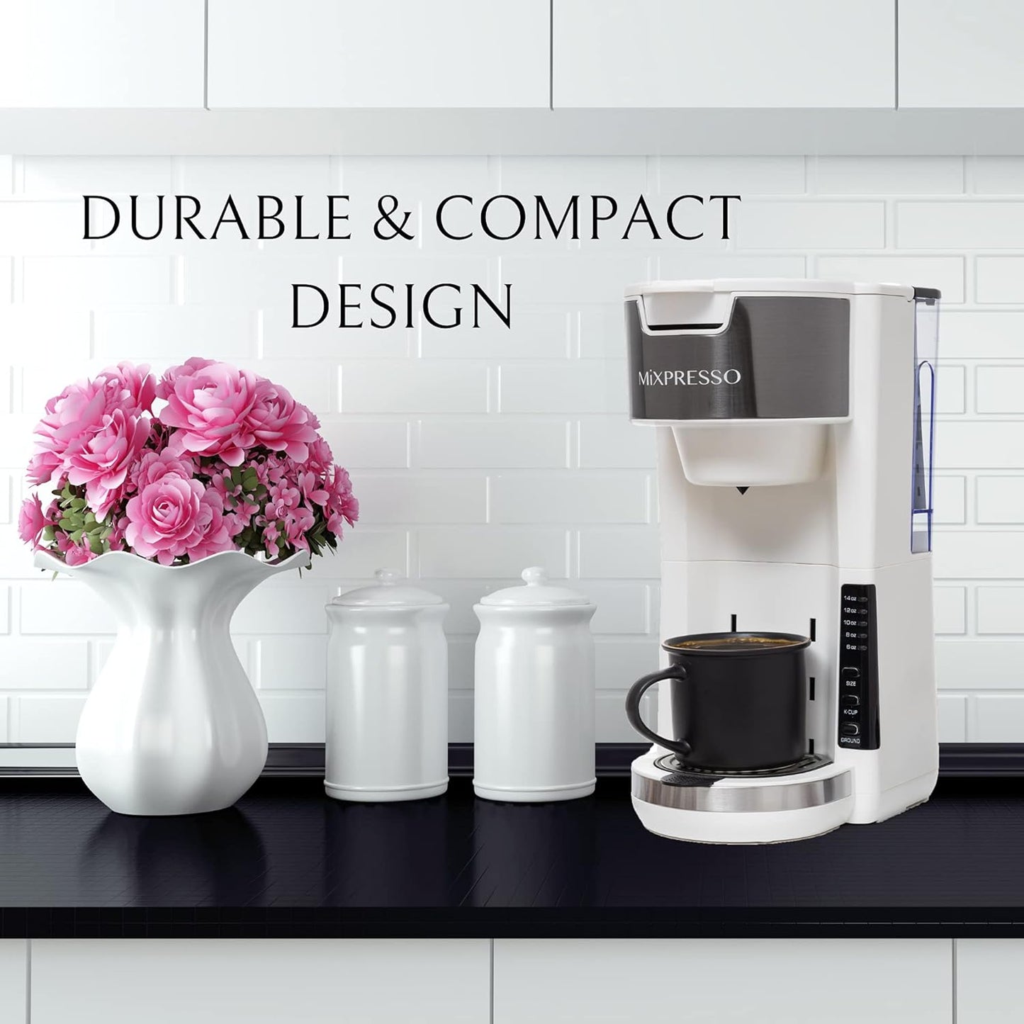 Mixpresso Wit Enkelbedien Koffiebrouer K-Cup Peule Versoenbaar & Gemaal, 30 oz Kompakte Koffiemaker Enkelbedien Met 5 Brougroottes Tot 14 Oz, Pas Reismbeker, Verstelbare Drupbak