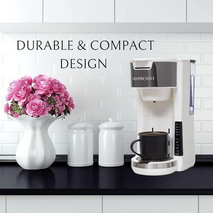 Mixpresso Wit Enkelbedien Koffiebrouer K-Cup Peule Versoenbaar & Gemaal, 30 oz Kompakte Koffiemaker Enkelbedien Met 5 Brougroottes Tot 14 Oz, Pas Reismbeker, Verstelbare Drupbak
