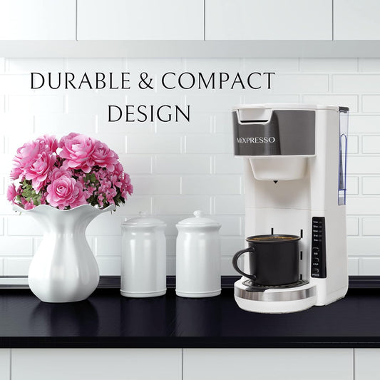Mixpresso Wit Enkelbedien Koffiebrouer K-Cup Peule Versoenbaar & Gemaal, 30 oz Kompakte Koffiemaker Enkelbedien Met 5 Brougroottes Tot 14 Oz, Pas Reismbeker, Verstelbare Drupbak