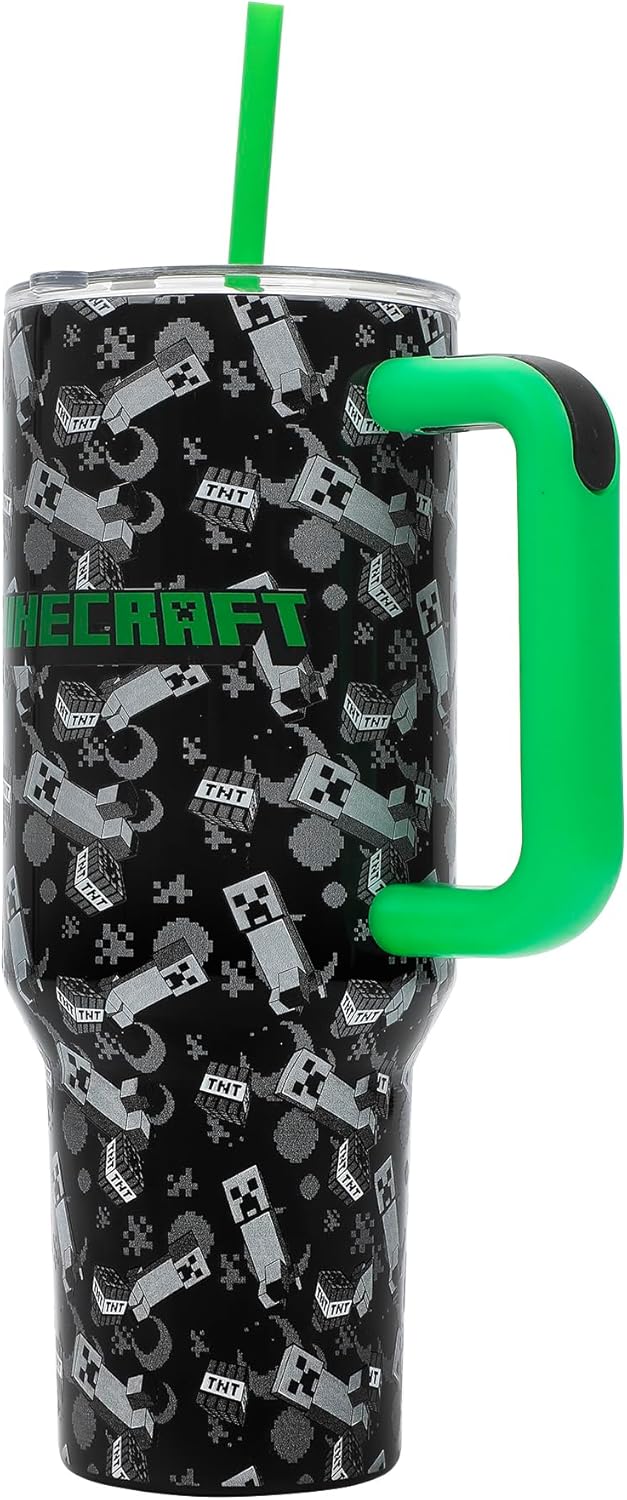 Insulated Stainless Steel Tumbler w/ Reusable Straw & Leak-Proof Lid Easy Carry Handle 40oz (Minecraft)