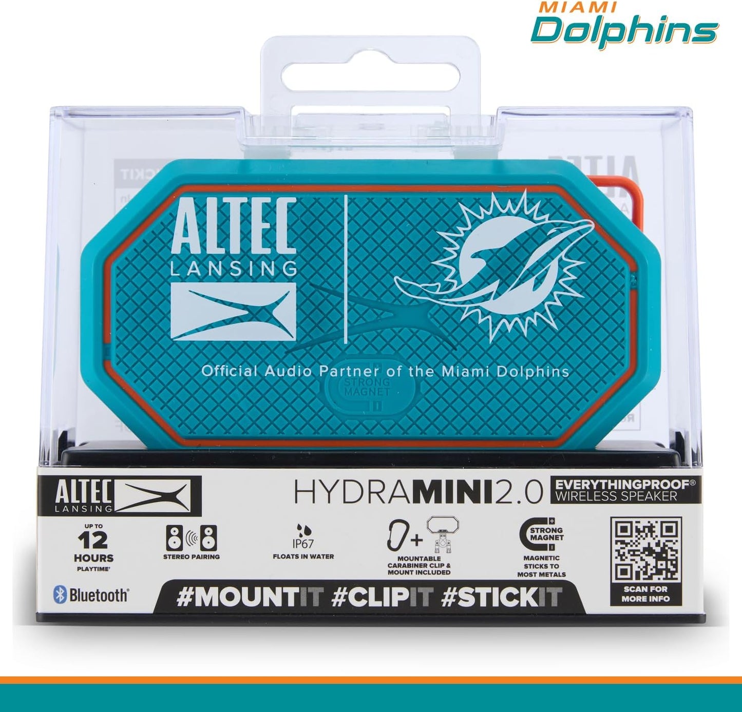 Altec Lansing x Miami Dolphins - Draagbare Bluetooth-luidspreker HYDRAMINI 2.0, IP67 Waterdig, 8W Uitset, 12h Speeltyd, USB-C Vinnige Laai, Stemassistent-integrasie (Miami Dolphins)